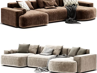 Brown Beige Sectional Sofa with Velvet Upholstery Plush Pillows and Cozy Blanket 3d model
