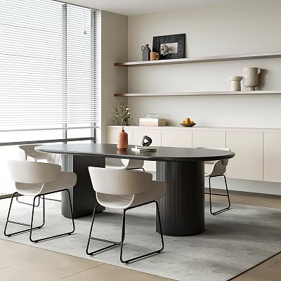 Modern Round Dining Table Set With White Chairs Black Legs And Wall Shelves 3d model