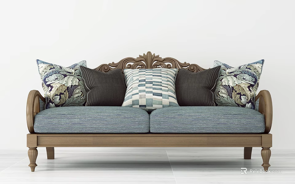 Double Sofa With Wooden Frame Carved Backrest Striped Cushions And Patterned Pillows 3d model