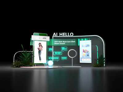 AI Hello Themed Photo Check-in Spot With Digital Screens And Green Plants 3d model