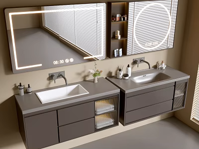 Bathroom Vanity Cabinet With Double Sink Gray Cabinetry Round LED Mirror And Toiletries Shelf 3d model