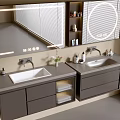 Bathroom Vanity Cabinet With Double Sink Gray Cabinetry Round LED Mirror And Toiletries Shelf