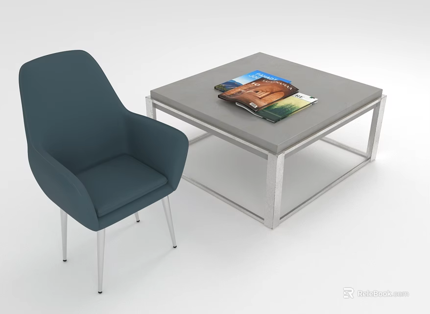 Dark Blue Accent Chair with Armrest and Metal Legs Near Square Coffee Table with Magazines 3d model 