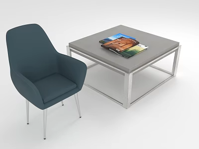 Dark Blue Accent Chair with Armrest and Metal Legs Near Square Coffee Table with Magazines 3d model