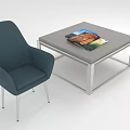 Dark Blue Accent Chair with Armrest and Metal Legs Near Square Coffee Table with Magazines