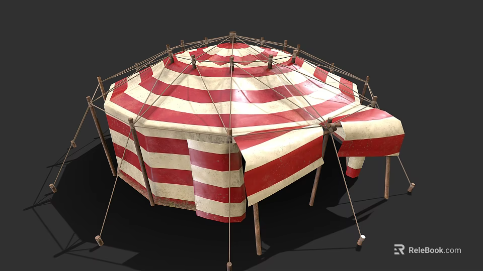 Red And White Striped Outdoor Canvas Tent With Wooden Poles And Octagonal Design 3d model 