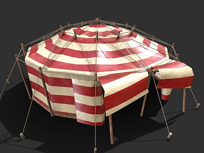 Red And White Striped Outdoor Canvas Tent With Wooden Poles And Octagonal Design 3d model