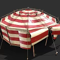 Red And White Striped Outdoor Canvas Tent With Wooden Poles And Octagonal Design