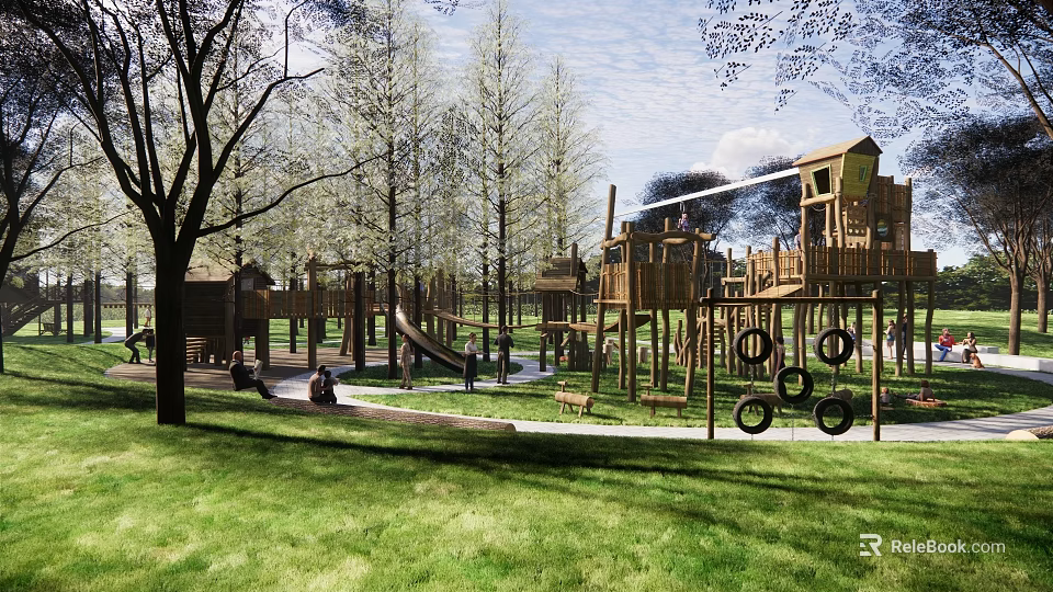 Outdoor Children's Playground With Wooden Climbing Frames Slides Tire Swings Green Grass And Trees 3d model 