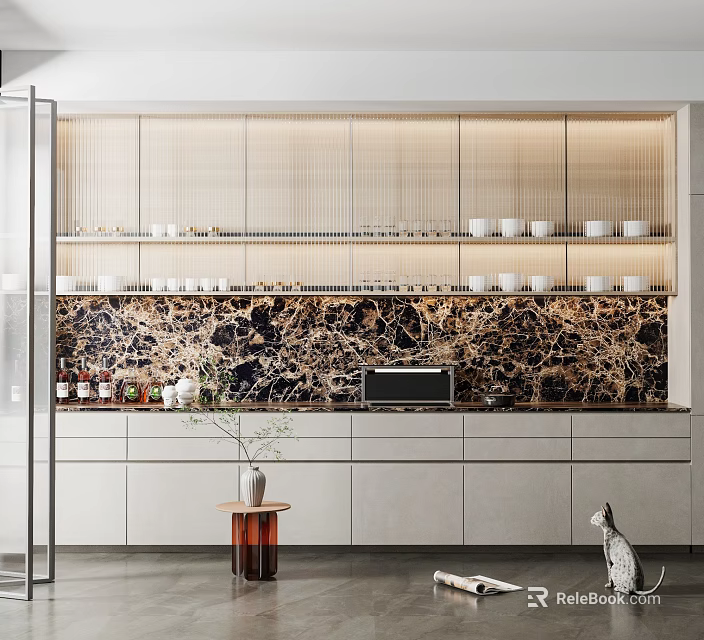 Elegant Modern Open Kitchen Interior With Light Colored Cabinets And Marble Backsplash 3d model