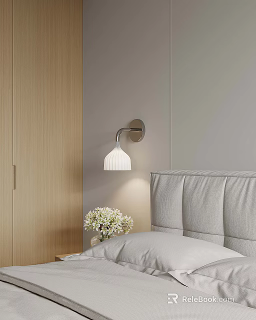 Modern Double Bed With Upholstered Headboard Wall Lamp Nightstand And Vase With White Flowers 3d model 