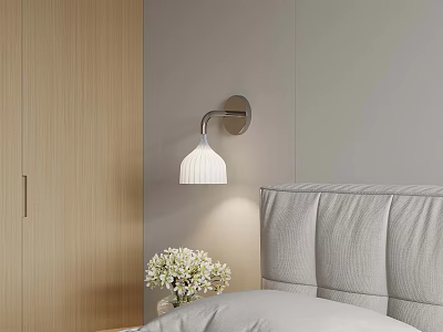 Modern Double Bed With Upholstered Headboard Wall Lamp Nightstand And Vase With White Flowers 3d model