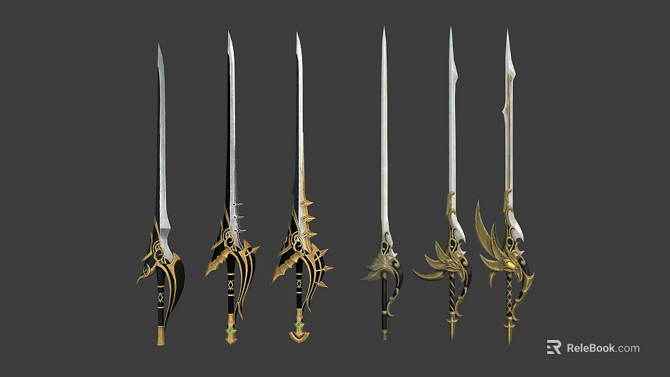 Exquisite Fantasy Swords Collection With Intricate Gold Ornamental Designs And Varied Blade Shapes 3d model 