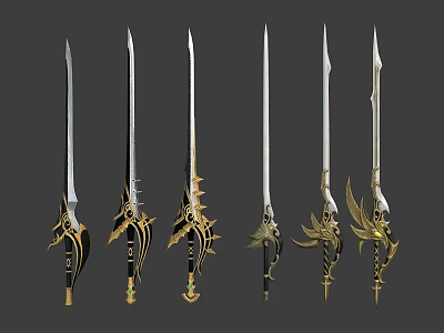 Exquisite Fantasy Swords Collection With Intricate Gold Ornamental Designs And Varied Blade Shapes 3d model