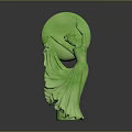 Green Female Sculpture With Flowing Dress And Circular Handheld Object Design