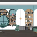 Modern Decorative Cabinet With Round Arch Design Open Shelves Light Green Plush Toy Round Stool