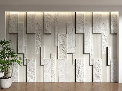 White 3D Geometric Background Wall with Stone Panels Lighting Green Plant and Wooden Floor 3d model