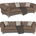 Brown Leather Multi-seater Sofa With Button Tufted Design Gold Legs And Throw Blanket 3d model