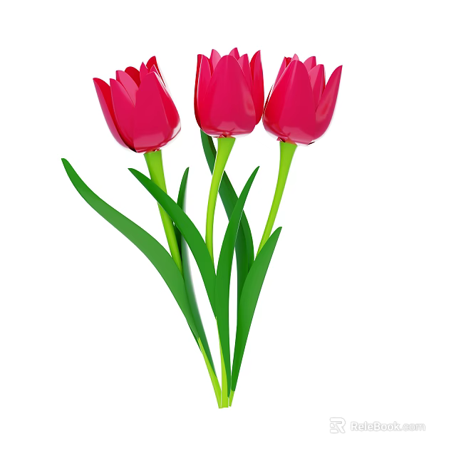Beautiful Vibrant Red Tulips with Green Stems and Fresh Leaves Bouquet 3d model 