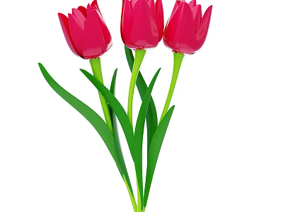 Beautiful Vibrant Red Tulips with Green Stems and Fresh Leaves Bouquet 3d model