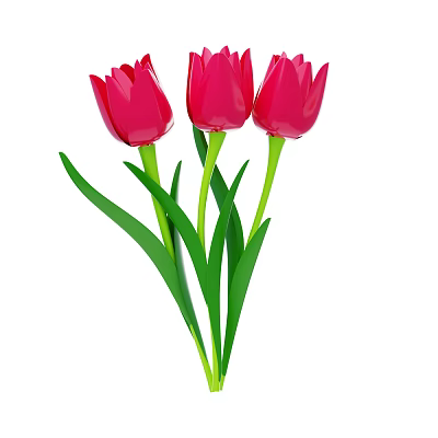 Beautiful Vibrant Red Tulips with Green Stems and Fresh Leaves Bouquet 3d model