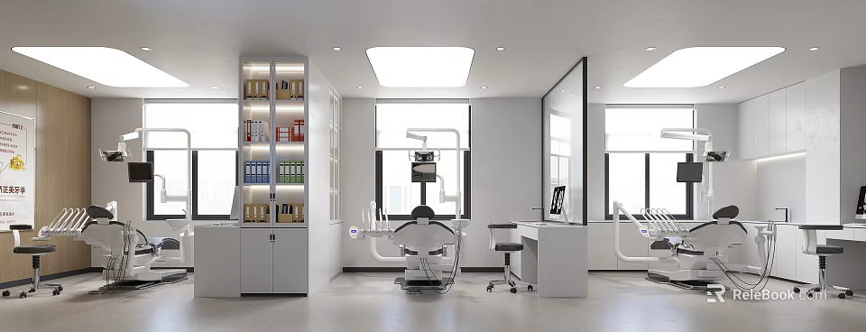 Bright Modern Dental Clinic Interior With Dental Chair Equipment Shelves And Windows 3d model 