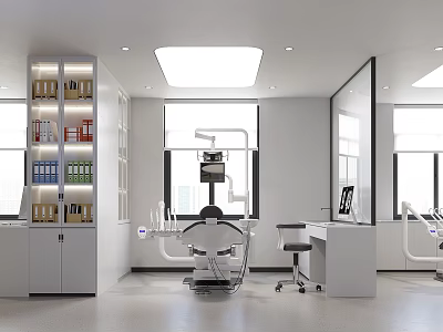 Bright Modern Dental Clinic Interior With Dental Chair Equipment Shelves And Windows 3d model