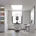 Bright Modern Dental Clinic Interior With Dental Chair Equipment Shelves And Windows