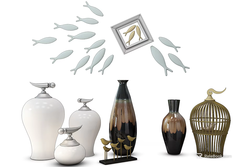 Ceramic Vessels With White Black Vases Fish Shaped Wall Decorations Framed Bird Art Birdcage Ornament 3d model 