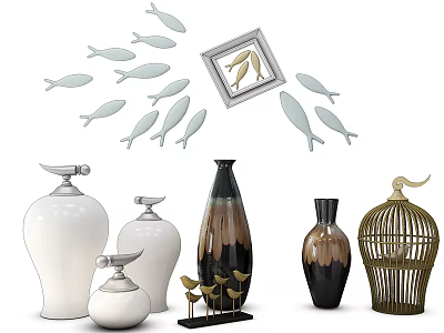 Ceramic Vessels With White Black Vases Fish Shaped Wall Decorations Framed Bird Art Birdcage Ornament 3d model