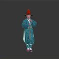 Man Wearing Blue Traditional Costume With Red Hat Standing On Gray Background