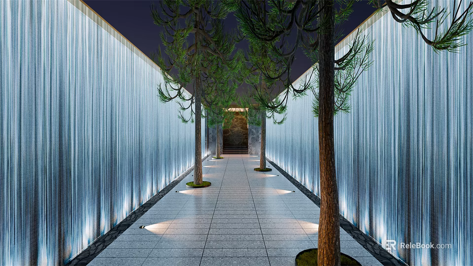 Walkway Lined with Waterfall Walls and Pine Trees Under Soft Lighting 3d model 