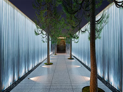 Walkway Lined with Waterfall Walls and Pine Trees Under Soft Lighting 3d model