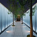 Walkway Lined with Waterfall Walls and Pine Trees Under Soft Lighting
