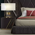 Double Bed with Tufted Brown Diamond Patterned Headboard Bedside Tables Table Lamps and Beige Red Bedding 3d model