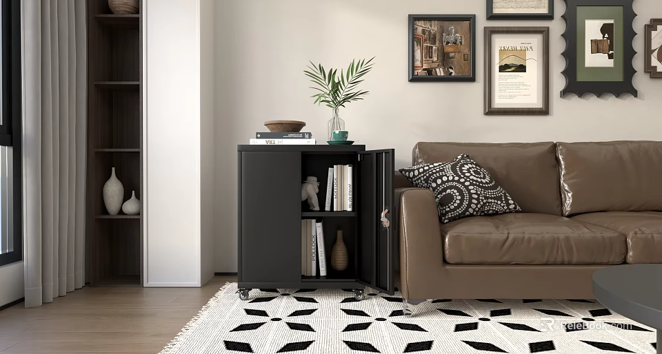 Living Room with Brown Sofa Black Rolling Cabinet Books Decor Framed Pictures on Wall and Rug 3d model 