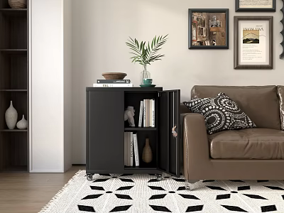Living Room with Brown Sofa Black Rolling Cabinet Books Decor Framed Pictures on Wall and Rug 3d model