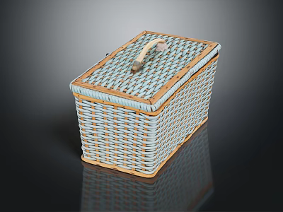 Light Blue And Beige Wicker Storage Basket With Lid Wooden Handle Rectangular For Home Organization 3d model