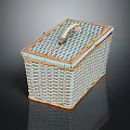Light Blue And Beige Wicker Storage Basket With Lid Wooden Handle Rectangular For Home Organization