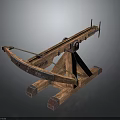 Ancient Wooden Siege Weapon with Crossbeam Frame and Rope Mechanism Design