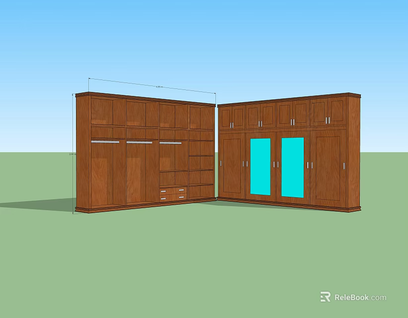Wooden Wardrobe Design With Multiple Cabinets Drawers And Blue Glass Doors 3d model 