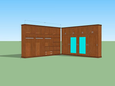 Wooden Wardrobe Design With Multiple Cabinets Drawers And Blue Glass Doors 3d model