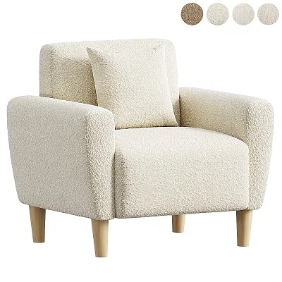Cozy Cream Fluffy Lounge Chair With Accent Pillow And Wooden Legs Design 3d model