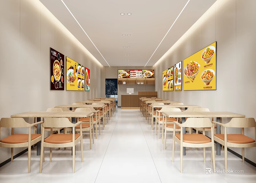 Bright Restaurant Interior With Wooden Tables Chairs Order Counter And Colorful Posters On Walls 3d model 