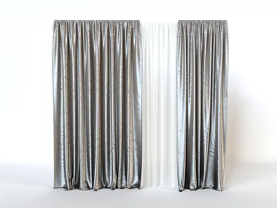Silver Floor Length Curtains With White Inner Panels For Modern Room Decor 3d model
