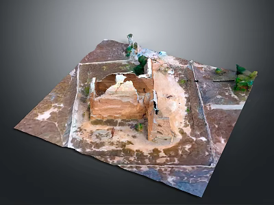 Scenic Ruined Building Landscape With Sandy Ground And Surrounding Green Vegetation 3d model