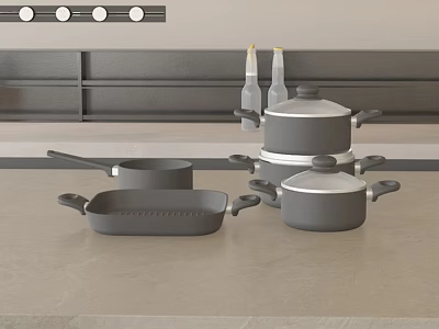 Modern Non Stick Cookware Set With Frying Pan Saucepan And Lids On Kitchen Countertop 3d model