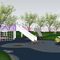 Colorful Kids Playground With Green Lawns Trees Slides And Seating Areas