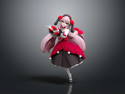 Anime Game Character With Pink Long Hair Red Black Dress And White Pom Pom Decorations 3d model