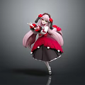Anime Game Character With Pink Long Hair Red Black Dress And White Pom Pom Decorations